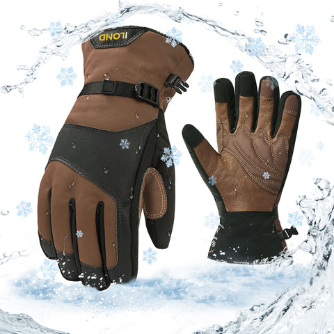 ILOND -20℃/-4°F Waterproof Winter Work Gloves Cold Weather Waterproof Work Gloves Waterproof Insulated Gloves Goat Leather Gloves(Brown,GA7760FLWP)