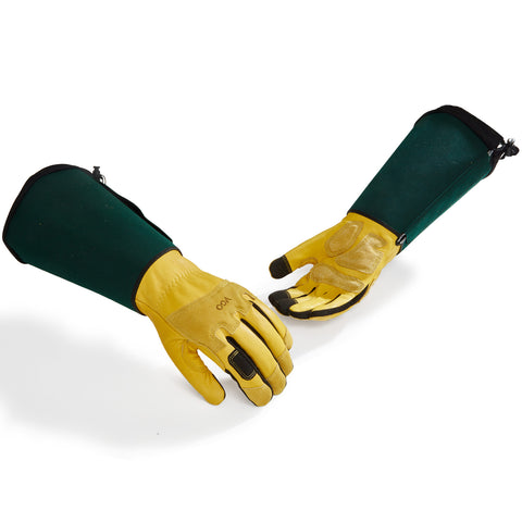 VGO 1 Pair Men/Women's Leather Extra-long Cuff Gardening Gloves, Work Gloves, Puncture-proof, Thornproof, Durability, Touchscreen (Golden Green, CA7472/ Pink White GA9659)