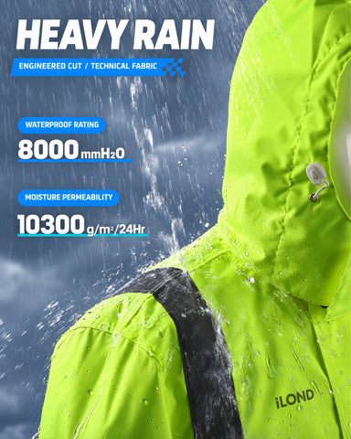 ILOND High Visibility Reflective Rain Jacket for Men, Waterproof Hi Vis Safety Rain Gear with Detachable Hood, Adjustable Cuffs & Large Pockets for Construction and Road Work