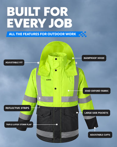 ILOND High Visibility Reflective Rain Jacket for Men, Waterproof Hi Vis Safety Rain Gear with Detachable Hood, Adjustable Cuffs & Large Pockets for Construction and Road Work