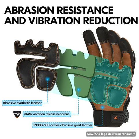 Vgo... Heavy Duty Work Gloves Men,Goat Leather,Water Repellent,Rigger Gloves,Anti-Vibration,Touchscreen (Brown,GA8954)