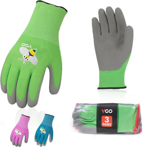 VGO 1/2/3 Pairs Kids Gardening Gloves Ages 3-9| Natural Latex Grip|Breathable Yard Work & DIY Safety Gloves, Machine Washable For Outdoor Play (KID-RB6013/KID-RB6026)